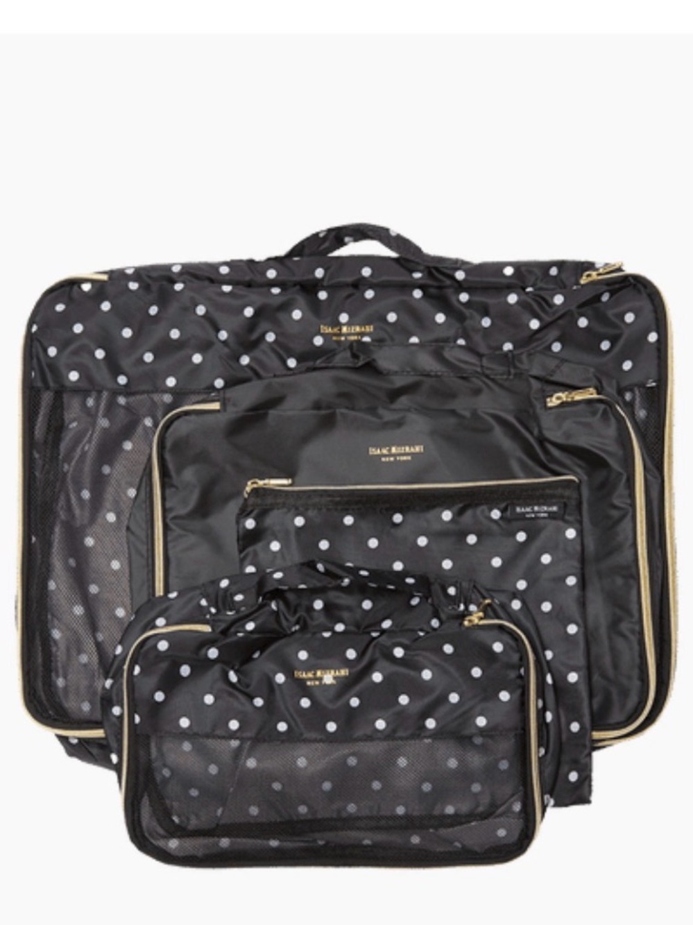 Isaac Mizrahi - Black Polka Dot Packing Cube Set with Gold Trim